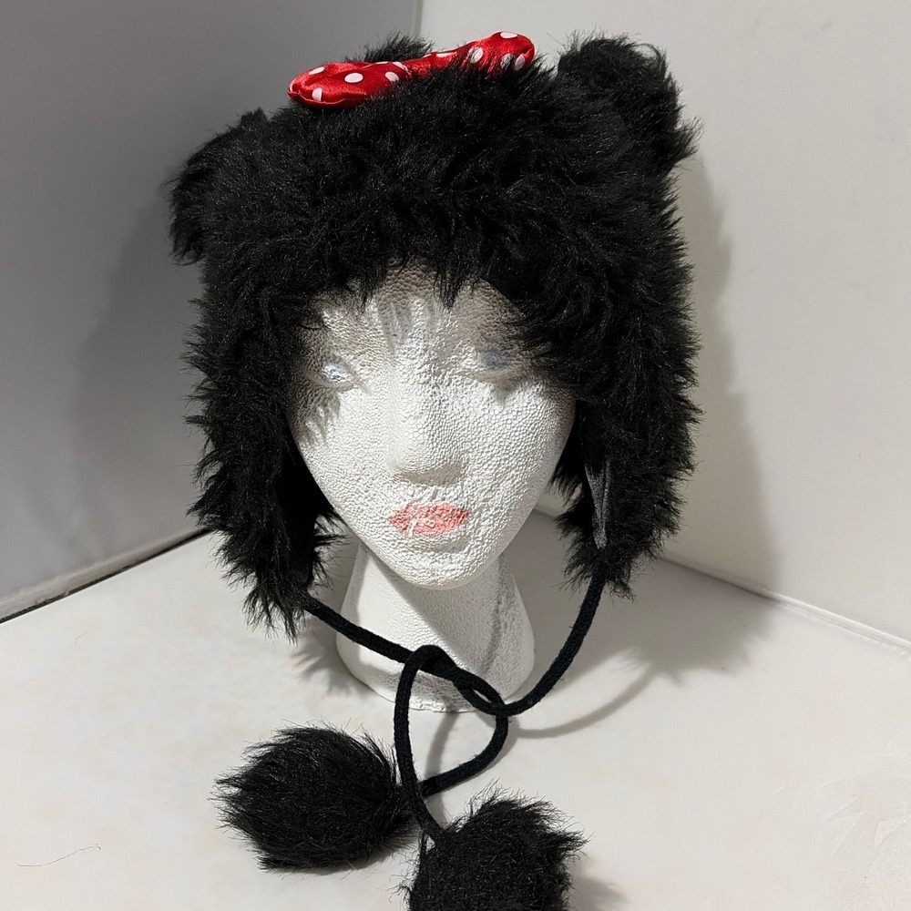 ABG Accessories Black Faux Fur Bear Ear Trapper Hat Red Polka Dot Bow Pom Poms